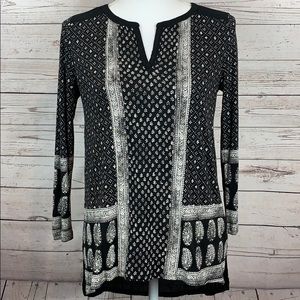 Lucky Brand Boho Paisley Black White Top Blouse XS